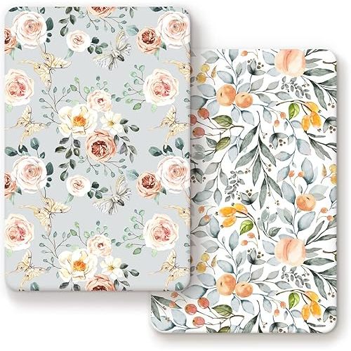 GRSSDER Stretchy Ultra Soft Jersey Knit Fitted Pack n Play Sheets Set 2 Pack, Portable/Mini Crib Sheets for Girls, Watercolor Flowers and Fruits