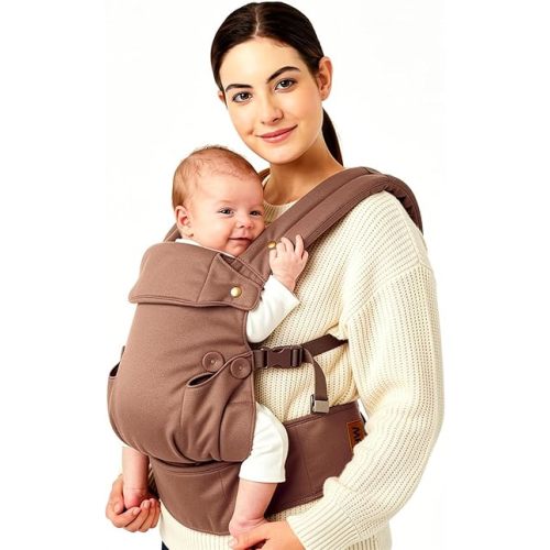 Baby Carrier for Newborn to Toddler-7-45 lbs 0-36 Months Versatile & Adjustable Linen Carrier with Front Pocket Headrest Support for Moms, Dads,Coffee