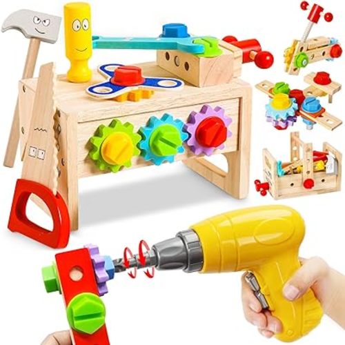 Kids Tool Set Toy with Drill, Wooden Toy for 2 3 4 5 Years Old Boy Girl, 37 Pcs Stem Montessori Toy for Learning Educational Construction Toy, Birthday Gift for Kids