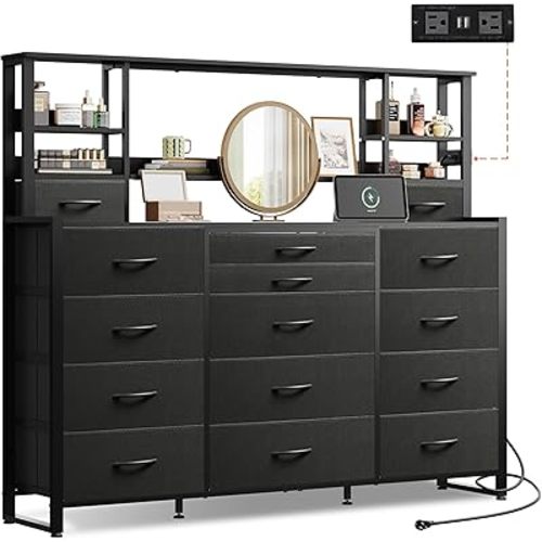 WLIVE Storage Organizer Unit with 15 Fabric Drawer & 5 Open Shelves, Tall Black Storage Drawers Organizer with Charging Station, Storage Tower Organizaton for Living Room, Hallway, Office