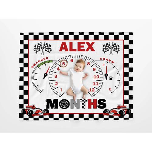 Custom Baby Milestone Blanket, Race Car Baby Monthly Milestone Blanket, Baby Sports Nursery Blanket, Baby Age Blanket, Baby Calendar Blanket