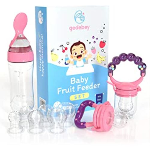 Baby Fruit Feeder Pacifier - 3 Pack | 2 Frozen Fruit Teething Pacifier & 1 Baby Food Spoon Feeder | Baby Silicone Feeder Pacifier | Teething Feeder, Baby Food Feeder Fruit Pacifier (Pink)