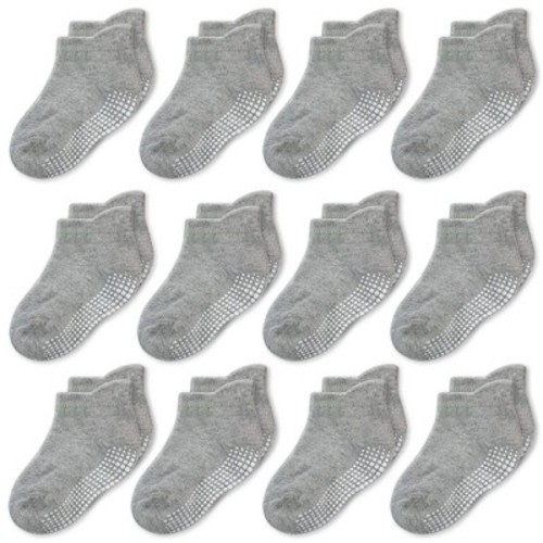 Cozyway Non-Slip Ankle Style Socks with Grippers, 12 Pack for Baby Boys and Girls, Solid Gray, 0-6 Months, Unisex