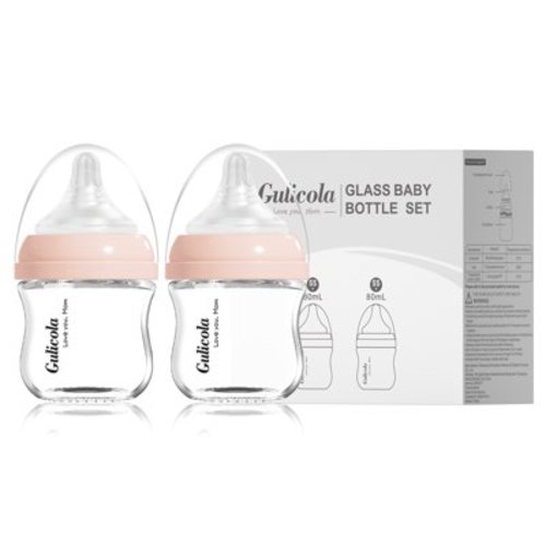Gulicola Natural Glass Bottles for Newborn Babies, Breast Like, Extra Slow Flow, 0 Months+, 3 oz, 2 Pack