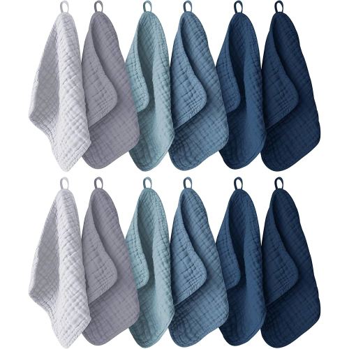 12 Pack Muslin Washcloths for Baby - 100% Cotton Baby Wash Cloths for or Baby Face Body Comfy and Soft for Newborn Infants Kids Girls and Boys - 12"x12" - Slate, Grey and Navy Series