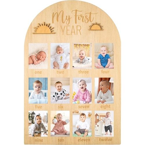 R HORSE My First Year Photo Display Wood Board, 3D Boho Sun Baby's First Year Picture Frame 12 Months Milestone Board Neutral Baby Keepsake Birthday Nursery Decor Gift for Boy Girl
