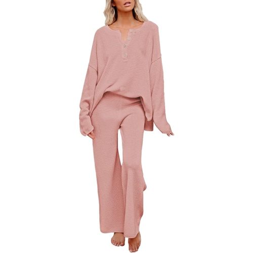 Pink Queen Women's 2 Piece Outfit Set Long Sleeve Button Pullover Sweater Top and Wide Leg Pants Knit Sweatsuit