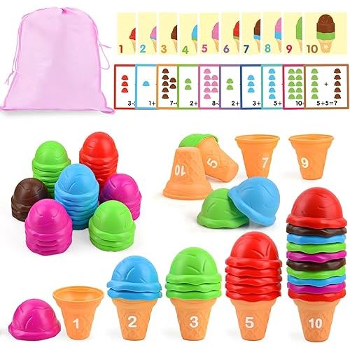 Ice Cream Counting and Color Sorting Stacking Toys for Kids Boys Girls Age 3-5,Montessori Preschool Kindergarten Learning Activities Fine Motor Skill Toys, Number Math Games Learning Toy Gifts