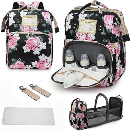 Diaper Bag Backpack Waterproof Baby Bag Large Capacity Multifunction Nappy Bags Floral Insulated Durable Travel Maternity Back Pack with Changing Station for Baby (Black)