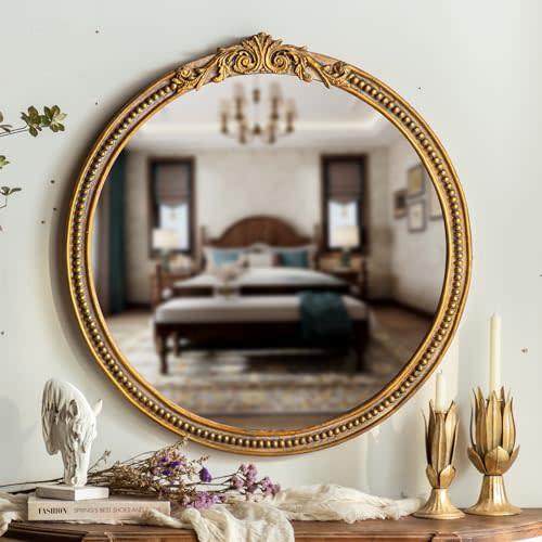 ZIYOO Vintage Ornate Round Wall Mirror, French Baroque Gold Framed Decorative Mirror, Classic Ornate Accent Mirror for Living Room, Bedroom, Entryway, Vanity, 32 Inch