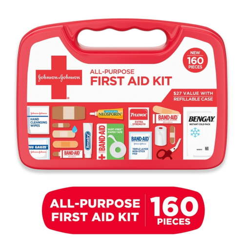Johnson & Johnson Compact First Aid Kit, 160 pc, All-Purpose, Portable, for Cars, Home & Outdoor Activities