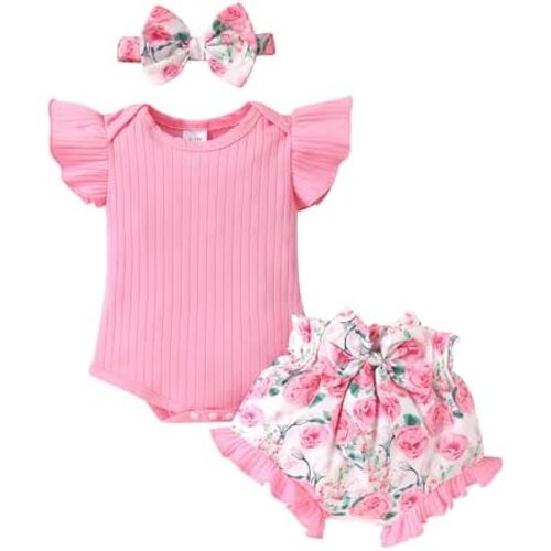 Tiny Cutey Baby Girl Clothes Infant Summer Outfits Set Ruffle Sleeve Romper and Floral Shorts with Headband
