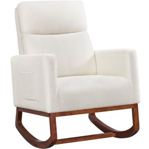 Yaheetech Upholstered Rocking Chair with Rubber Wood Legs and Side Pockets-White
