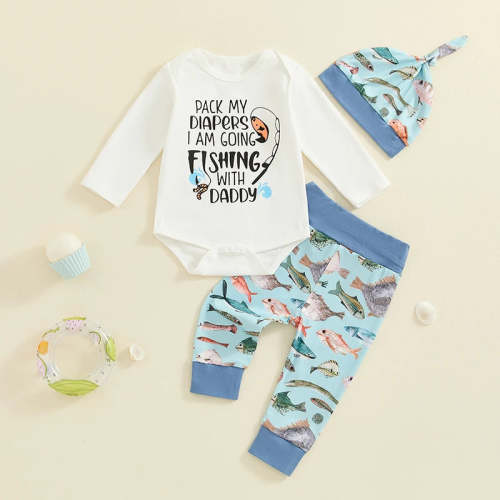 Baby Boy 3Pcs Outfit Pack My Diapers I Am Going Fishing With Daddy Letter Fish Print Long Sleeve Romper and Fish Print Elastic Pants Beanie Hat Set