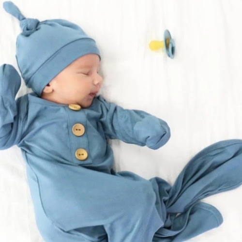 Solid Dusty Blue Bamboo Baby Knot Gown & Hat*