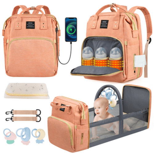 Diaper Bag Backpack, Multifunctional Baby Changing Bag with Foldable Crib & Insulated Milk Bottle Pockets, Large Capacity Portable Travel Backpack with USB Charging Port, Nappy Bag for Moms Dads(Pink)