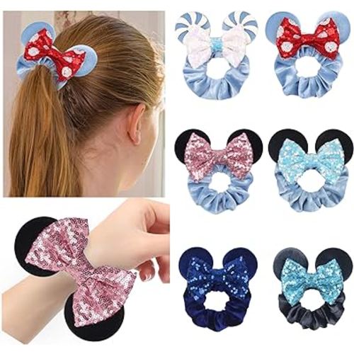 6 Pack Scrunchies Mouse Ears Hair Bows Scrunchies for Kids,Velvet Sparkle Sequin Bows Hair Scrunchies Hair Ties Elastic,Hair Accessories for Women Girls Adult Kids Cosplay Vacation Photography Party