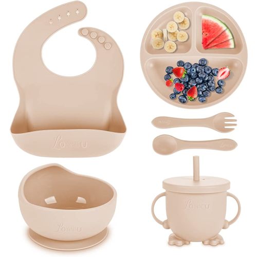 Losecu Silicone Baby Feeding Set|Baby Led Weaning Supplies Set|Toddler Feeding Eating Utensils Sets|Baby Bib, Suction plate, Suction Bowl, Spoon, Fork, Sippy Cup|Food Grade BPA Free, Dishwasher Safe