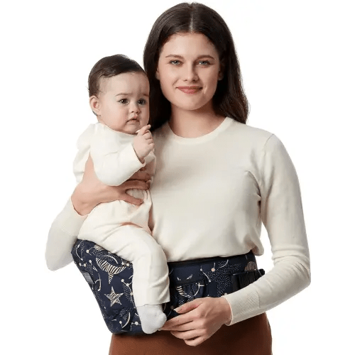 Momcozy Hip Seat Baby Carrier - Adjustable Waistband with Original 3D Belly Protector, Ergonomic Carrier with Various Pockets for Newborns & Toddlers up to 45lbs (Starry Sky, Medium)