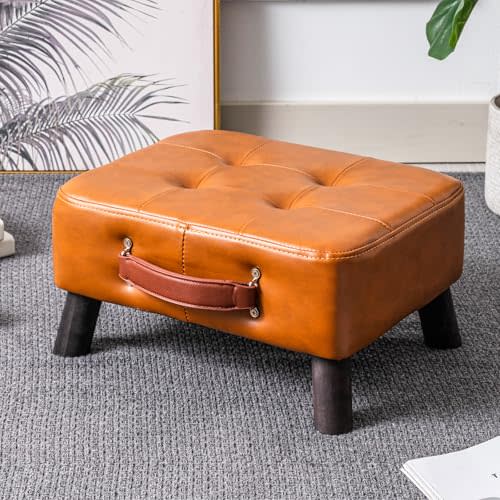 Durfii Small Footstool Ottoman - Stylish and Functional Faux Leather Rectangle Footrest for Extra Seating with Wood Legs, Rectangular Stool, Foot Rest for couch in Living Room, Entryway Office Bedroom