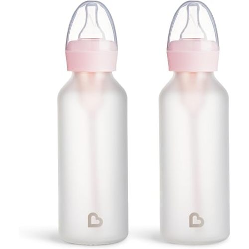 Munchkin Bond Silicone Coated Glass Baby Bottles - Anti-Colic Feeding System with Natural Feel Nipples, 8 Ounce, 2 Pack, Pink