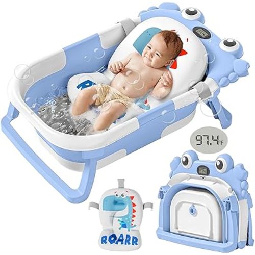 Collapsible Baby Bathtub for Newborn with Soft Floating Cushion & Thermometer Perfect Portable Travel Baby Bath Tub for 0-36 Month Infants to Toddler Boy (Baby Blue)