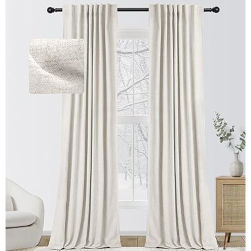 INOVADAY 100% Blackout Curtains for Bedroom, Thermal Black Out Curtains, Back Tab/Rod Pocket Linen Blackout Drapes, Room Darkening Drapes for Living Room, 52''W x 90''L, Beige