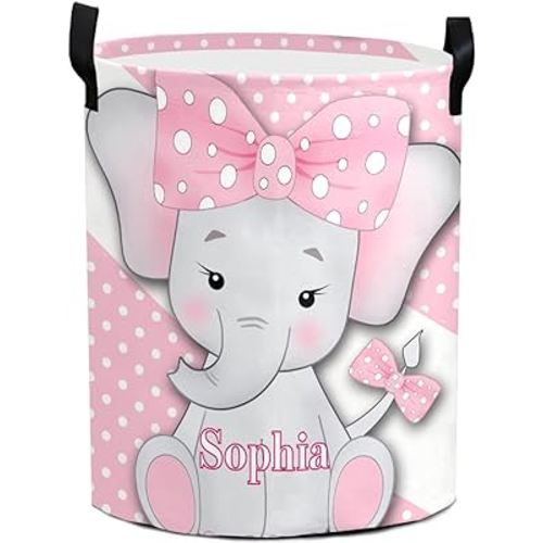 Polka Dot Cute Elephant Large Laundry Basket Custom Name Foldable Clothes Bag Collapsible Fabric Laundry Hamper Folding Washing Bin for Gift, 19.69 inches (height) x 14.17 inches (diameter)