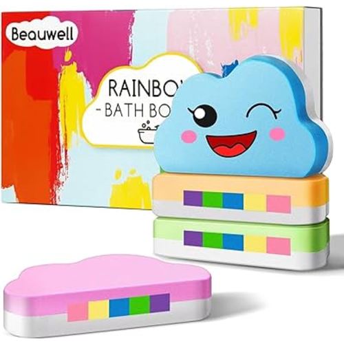 Rainbow Bath Bombs Gift Set, Handmade Organic 4 Pcs Bath Bombs for Kids Girls Women, Natural Kids Bubble Bath Fizzy, Teacher Appreciation Gifts