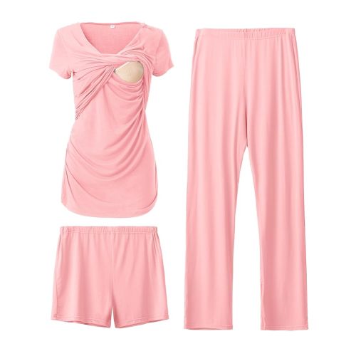 SUNNYBUY Women's Maternity Postpartum Pajamas Set, Breastfeeding Tops，Adjustable Pregnancy Shorts & Pants 3 Piece Nursing PJS