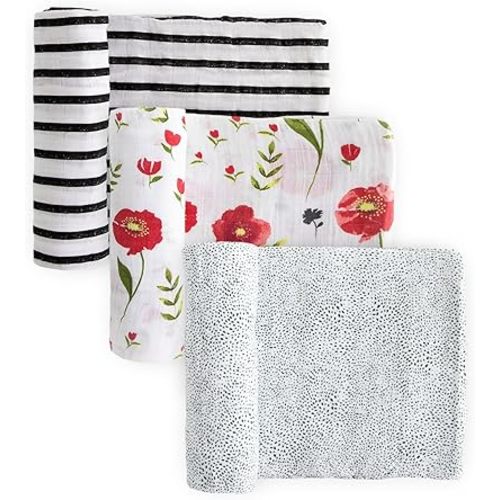 Little Unicorn Premium Muslin Swaddle Blanket 3 Pack | for swaddling, Play, Nursing & More | Giftable Set of 3 (Summer Poppy 2)