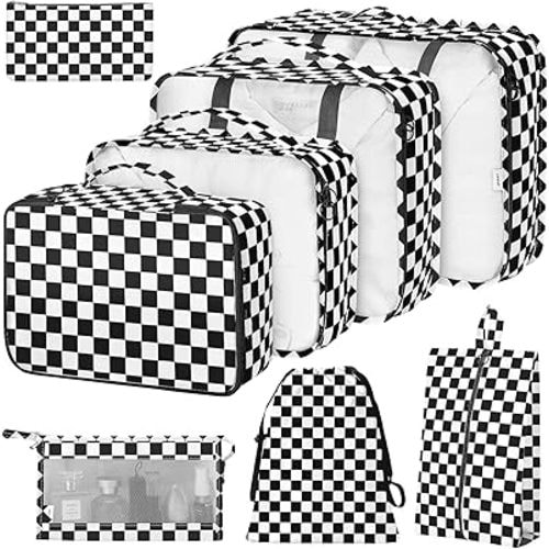 8 Set Packing Cubes for Suitcases,Packing Cubes with Shoe Bag, Cosmetics Bag, Clothing Bag, Accessories Bags Packing Cubes for Travel Luggage Organizer Women Men(Black White Checkered)