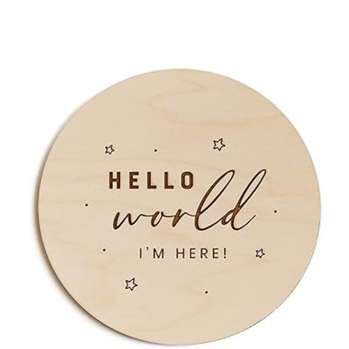 The Cotton & Canvas Co. Hello World I'm Here with Stars Newborn Baby Announcement, Nursery Sign, Nursery Decor, Baby Shower, Modern, Wooden Plaque, Birth Prop