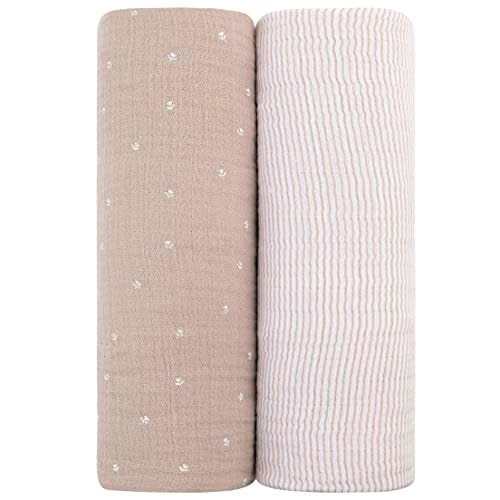 Ely's & Co. Muslin Swaddle Blanket 2-Pack — 100% Cotton Muslin Extra-Large Swaddle Blankets (47” x 47”) White Tulip on Pink + Stripes