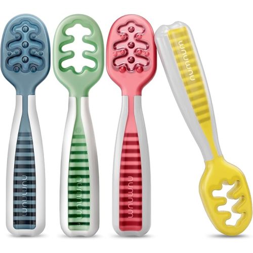 NumNum Baby Spoons Set, Baby Essentials Pre-Spoon GOOtensils for 6+ Months, First Stage Self-Feeding Spoons for Baby Led Weaning (BLW), Silicone Toddler Utensils, BPA-Free, 4 Pack Classic Colors