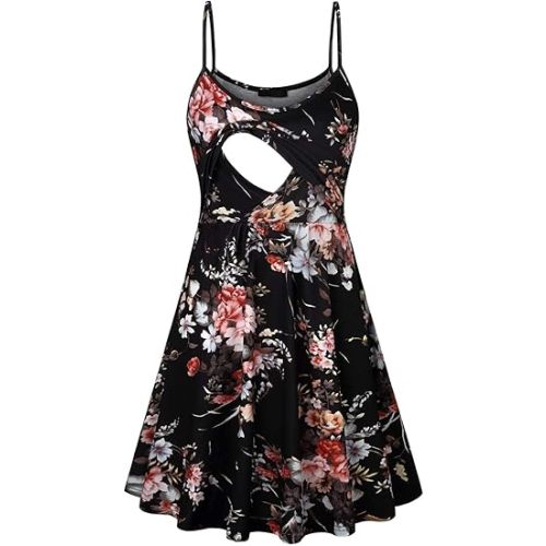 connche Floral Maternity Summer Dress Spaghetti Strap Nursing Breastfeeding - Black Floral - X-Large