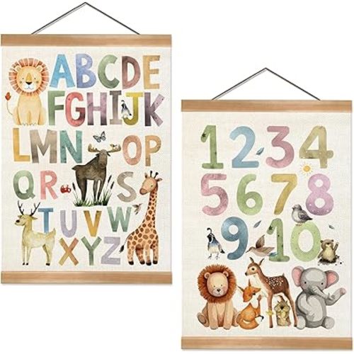 ZTGDA Alphabet Numbers Poster Set of 2, Children's Room Wall Art, Animal Numbers & ABC Banner Poster, Letter Banner Wall Hanging Decor for Toddler Room Playroom Nursery Wall Classroom Decor