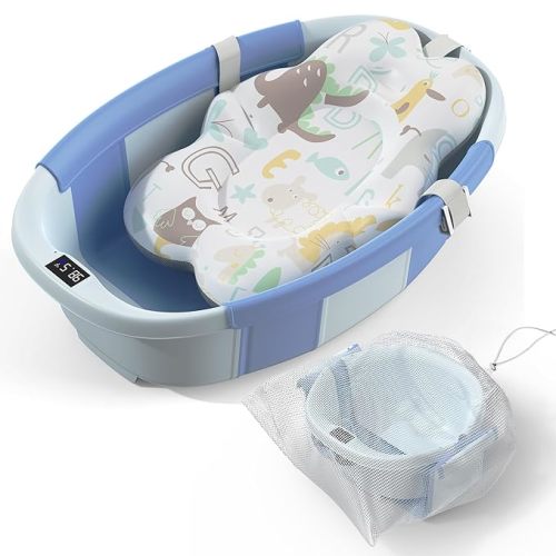 Collapsible Baby Bathtub - Large Baby Bath Tub with Thermometer & Cushion | Travel Portable Newborn Infant Bathtub | Foldable Toddler Bathtub for Baby 0 to 36 Months (Khaki)
