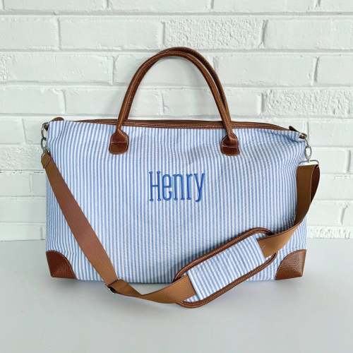 Monogrammed Personalized Seersucker Weekender Travel Bag, Duffel Bag, Seersucker Overnight Bag, Personalized Luggage, Hospital Bag