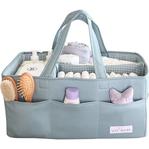 Lily Miles Baby Diaper Caddy Organizer, Wipeable Diaper Organizer Basket with 8 Pockets for Newborn Essentials, Nursery Tote Bag for Changing Table & Car Organization (Willow Green, Large)