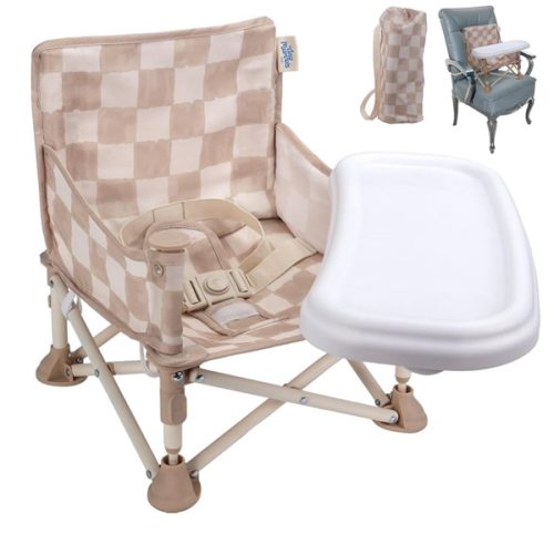 Tiny Marvels Portable 3-in-1 Baby Chair, Cozy Booster Seat, Baby Seat with Tray, Compact Foldable, Toddler Chair with Child Safety Belt Carry Bag, Perfect for Travel (Sand Checker)