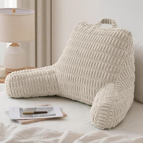 Blissful Diary Reading Pillow, Large Backrest Pillow with Shredded Memory Foam for Adult & Children, Designed for Bed and Couch Sitting Up, Includes Arms, Pockets and Washable Cover, Off White