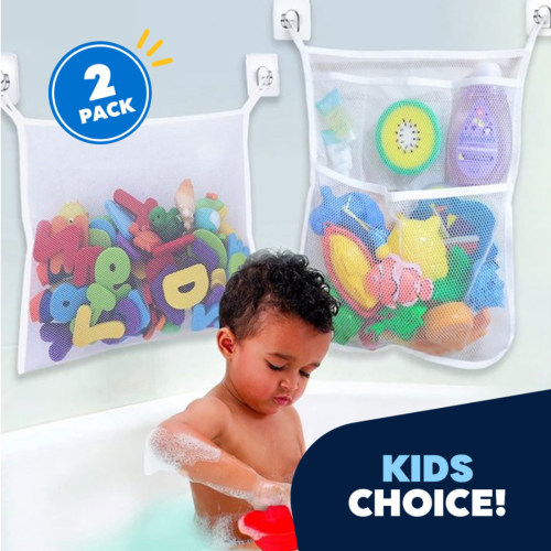 Jeexi Bath Toy Organizer Storage Mesh – 2 Pack with ABC Letters & 0-9 Numbers, Hanging Baby Bath Toy Holder with Adhesive Hooks & Suction Cups, Mesh Net Shower Caddy for Bathtub Toys