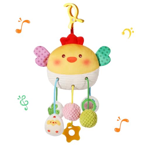 Carseat Toys Hanging for Babies 0-6 Months Boy Girl – Chicken Pull String Baby Toy with Crinkle, Rattle, Mirror, BB Squeaker – Crib Toys Hanging, Stroller, Car Seat Toy, Baby Hanging