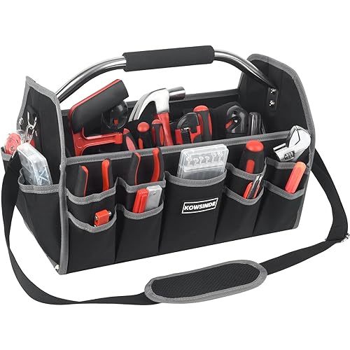 Kowsinde 16 Inch Tool Bag, Electrician Tool Bag, Open Top Tool Bags, 26 Pockets Can Hold Many Tools, Steel Handle and Removable Shoulder Strap