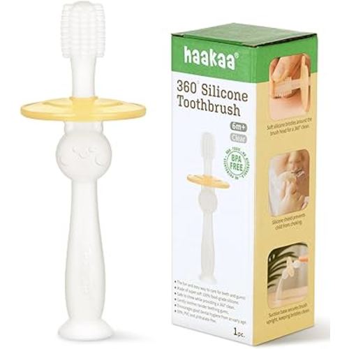 haakaa Infant Toothbrush, Easy to Hold 360° Baby Toothbrush, Train 6month+ Infants Babies and Toddlers for Oral Hygiene, Teether Effect for Sore Gums, 1pc (Clear)