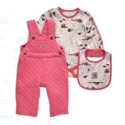 Carhartt Infant's Long-Sleeve Bodysuit, Overall, and Bib 3PC Set, Pink Lemonade