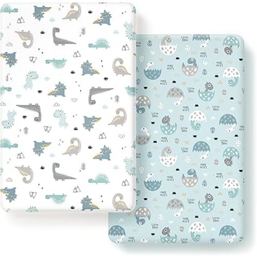GRSSDER Stretchy Ultra Soft Jersey Knit Fitted Pack n Play Sheets Set 2 Pack, Portable/Mini Crib Sheets for Boys, Universal Fit for Pack N Plays Safe and Snug, Happy Dinosaurs for Baby
