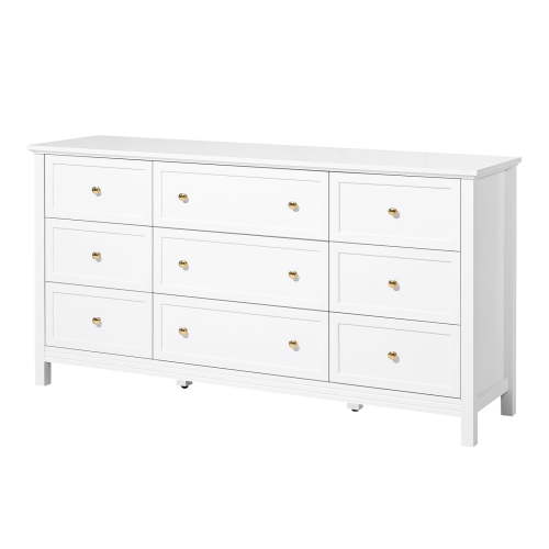 KFFKFF 9-Drawer Wooden Dresser with Sliding Drawers and Anti-Tip Design, Minimalist Chest for Storage, Closet Organizer and TV Stand for Living Room, Bedroom, Hallway, Entryway, White