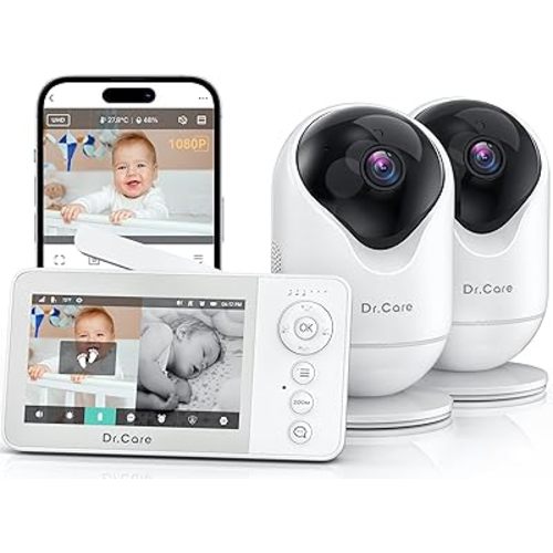 Dr.Care VistaView Lite RB Smart WiFi Baby Monitor with 2 Cameras - 4” 720P Split Screen & 1080P Camera App Control, Motion Alerts, 2500mAh Removable Battery, Night Vision, Multi-User, Triple Security